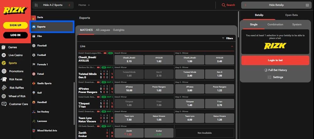 Rizk Casino Esports Spill Screenshot